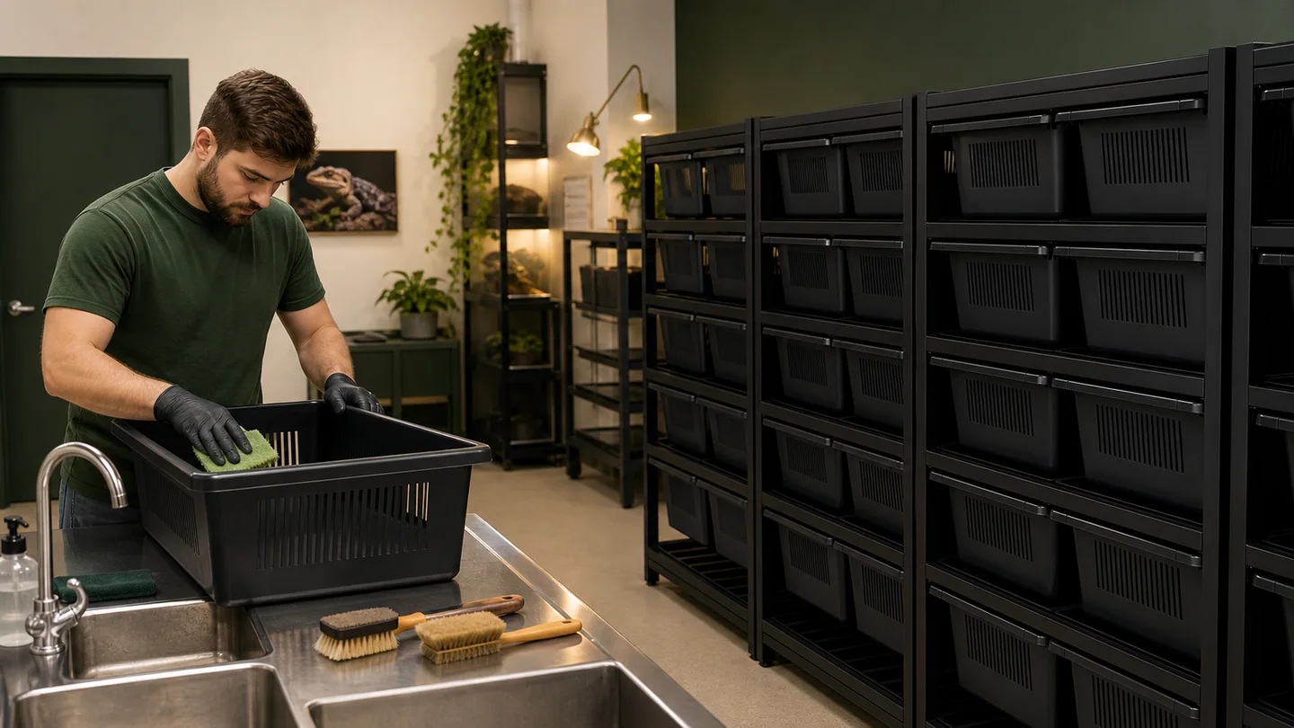 Worker cleaning an empty PET tub beside modular reptile rack systems in a professional breeding facility