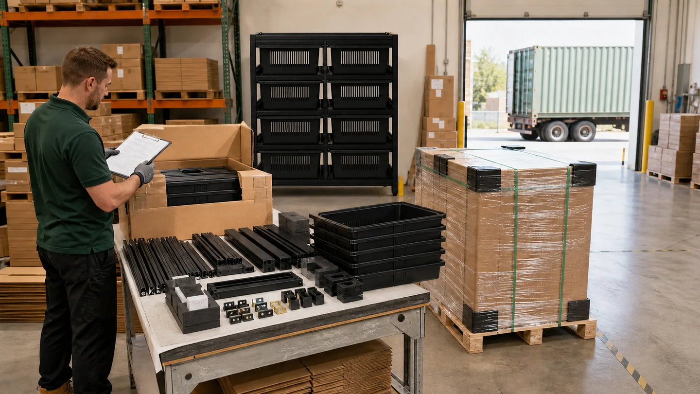 Modular reptile rack components and nested PET tubs prepared for international wholesale shipping