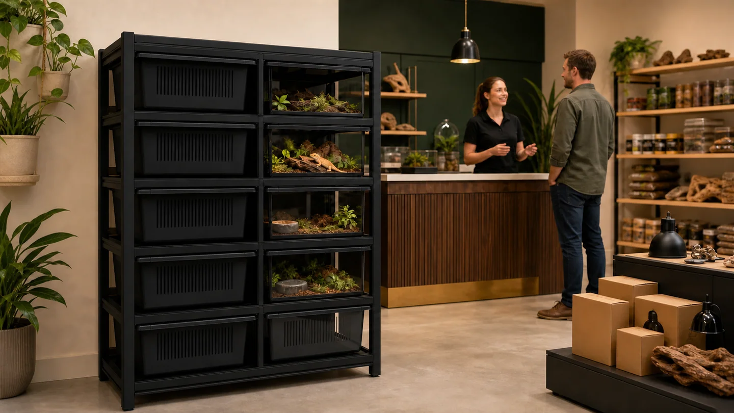 Reptile rack systems for pet stores