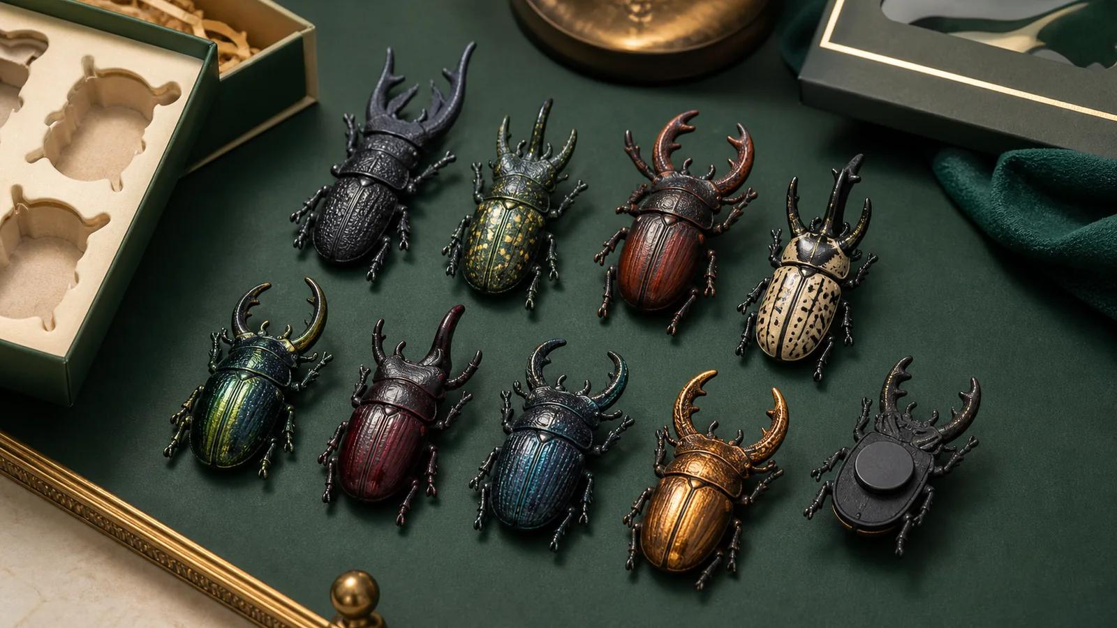 Assortment of artificial hand-painted epoxy resin beetle fridge magnets with no real insect parts